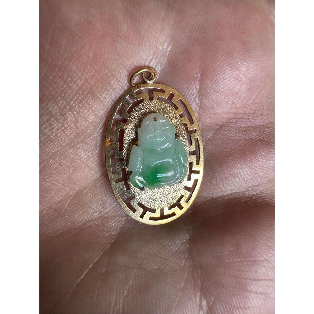 Vintage 14K‎ Solid Yellow Gold Natural Jade Happy Laughing Carved Buddha Pendant - Picture 7 of 7